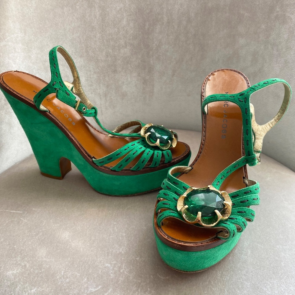 Marc Jacobs Green Suede Ankle Strap Platform Wedge Shoes, Gem Accent, 39/8.5 US
